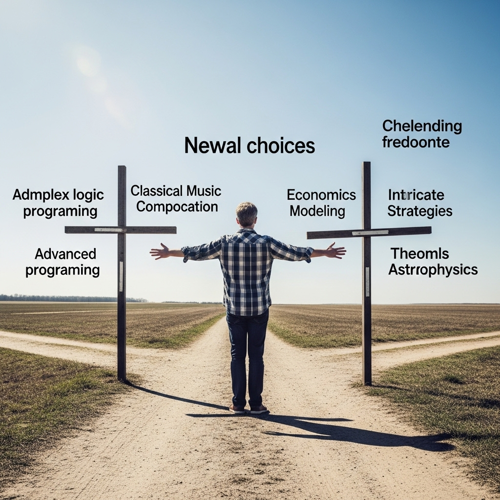 A person stands at a crossroads, looking at different paths branching out, each leading to a different skill or knowledge domain. The person looks determined and curious, with a bright, open sky above.