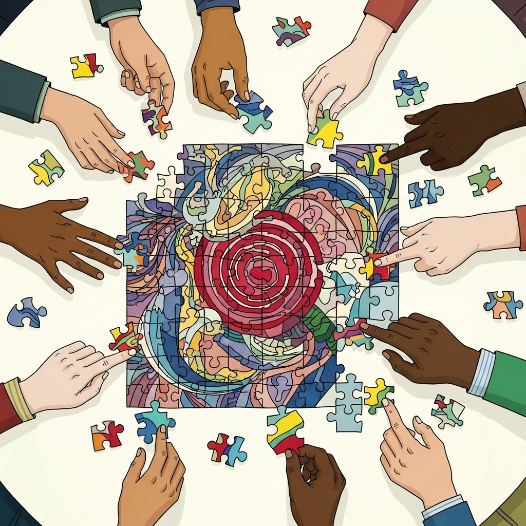 Multiple hands of different skin tones working together on a complex puzzle, each hand contributing a unique piece from different skill sets, symbolizing collaboration and diverse talents coming together. Bright and vibrant.