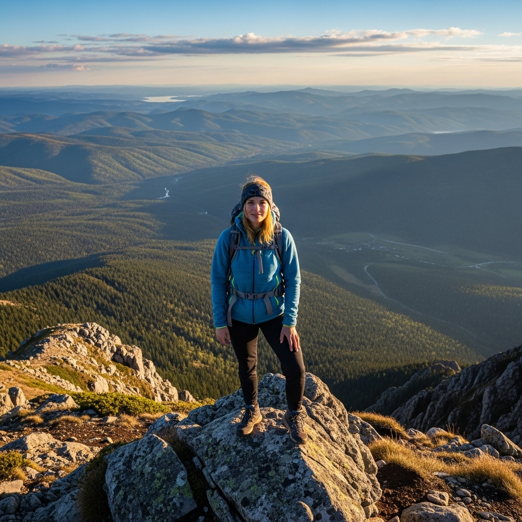 A person standing confidently on a mountain peak, looking out at a vast, open landscape with a clear, inspiring sky. The person appears strong, resilient, and full of potential, representing expanded horizons.
