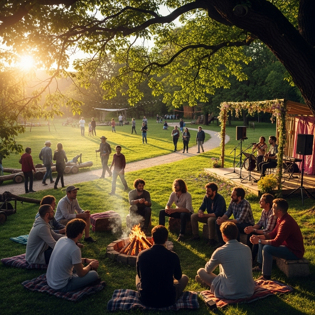 A diverse group of people of various ages and backgrounds smiling and interacting in a harmonious, natural setting, symbolizing connection and community. The atmosphere is warm and inviting, with soft lighting.