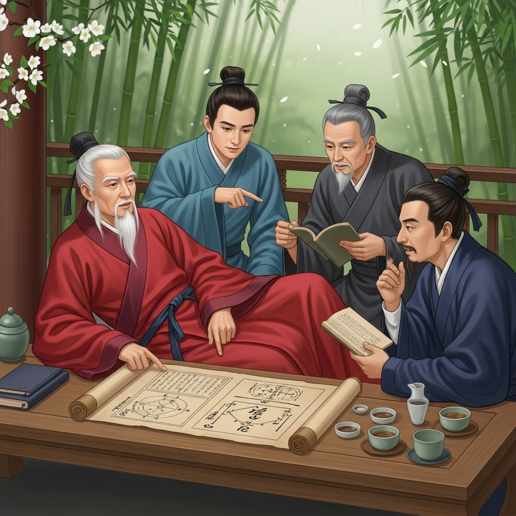 An ancient Chinese scholar in traditional robes, surrounded by several other scholars engaged in deep conversation and studying ancient texts in a serene, traditional garden setting. The atmosphere is intellectual and collaborative.