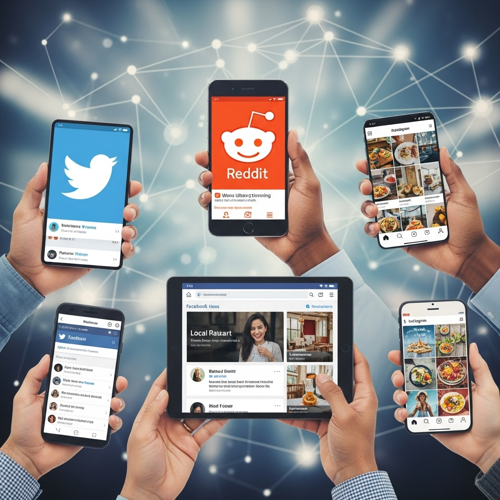 Diverse hands holding various smartphones and tablets, each screen displaying different online community logos or social media feeds. The background is a blurred, modern, interconnected network, symbolizing digital connection.