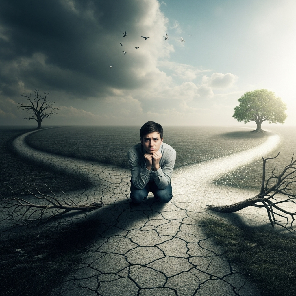 과이불개. A person standing at a crossroads, looking confused but contemplating. The path behind them is slightly dark and winding, while one path ahead is brighter, suggesting a choice for self-improvement. The setting is somewhat abstract, symbolizing life's journey. No text on the image.