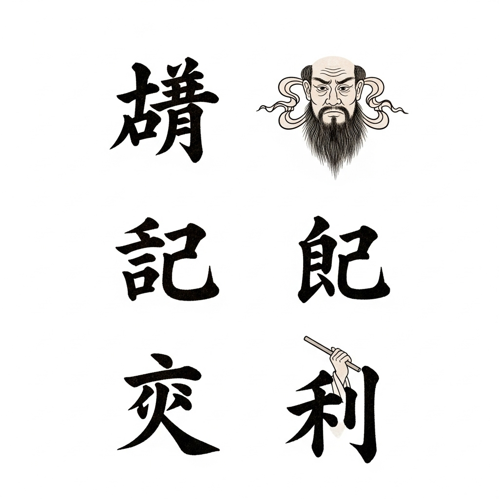 A detailed illustration of ancient Chinese characters for 過, 而, 不, 改 arranged neatly, with a subtle brush stroke background. The style is classic and academic. No other elements or text.