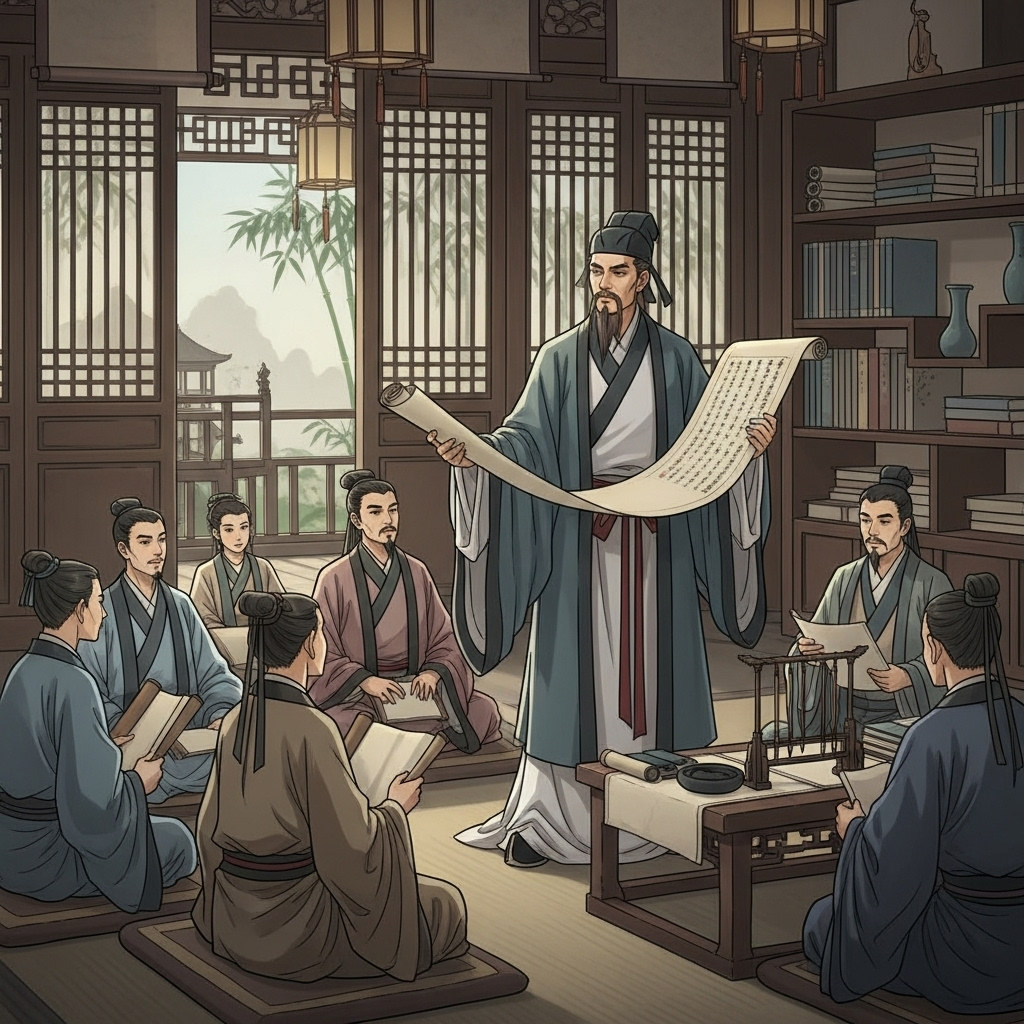 An ancient Chinese scholar in traditional robes is depicted teaching students in a classical setting with scrolls and ink. The background shows a serene, traditional study room. The image evokes wisdom and ancient learning. No text on the image.