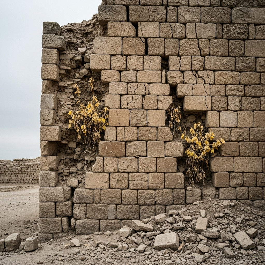 A cracked and crumbling wall, symbolizing broken trust and repeated mistakes. There are small, wilting plants struggling to grow in the cracks. The scene is somewhat desolate, emphasizing the negative consequences of not correcting errors. No text on the image.