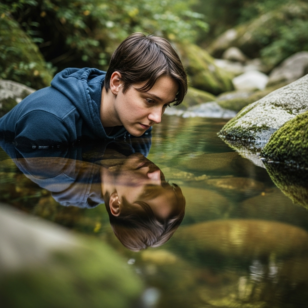 A person looking thoughtfully into a calm reflection of themselves in a clear pool of water, symbolizing self-reflection and inner peace. The surroundings are tranquil and natural, emphasizing quiet introspection. No text on the image.