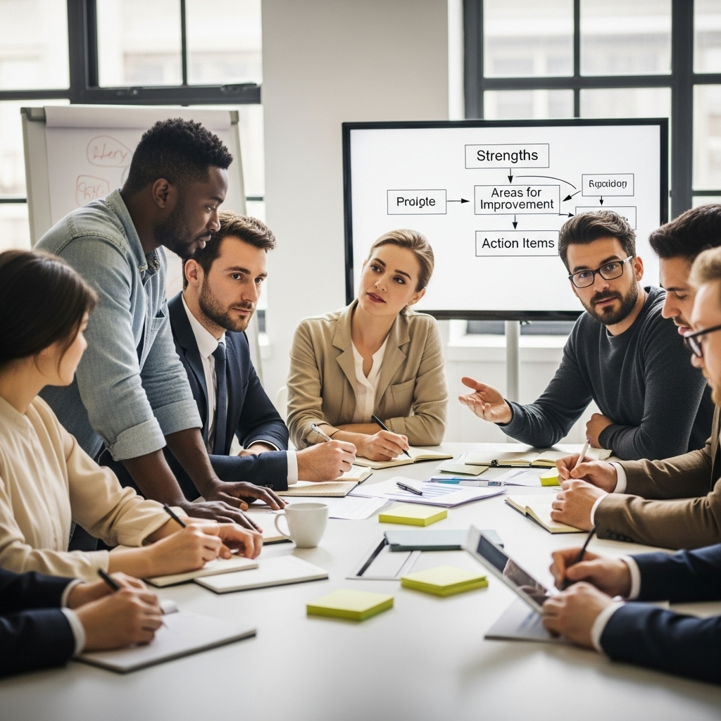 A diverse group of people engaged in active listening and discussion in a modern, bright office setting. They are sitting around a table, some taking notes, indicating a constructive feedback session. No text on the image.