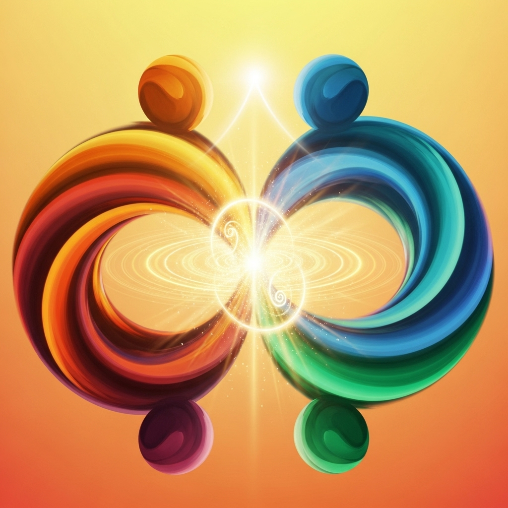 A vibrant, abstract illustration representing two figures in a harmonious, collaborative learning environment, with glowing light emanating from their interaction, symbolizing mutual growth and shared wisdom. The colors are warm and inviting, suggesting understanding and connection. No text in the image.