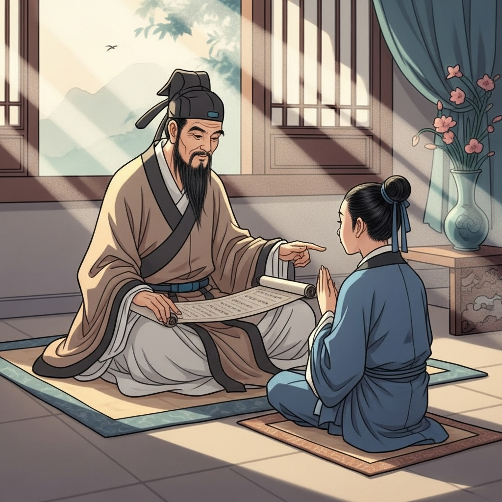 An ancient sage in traditional East Asian attire, sitting on a mat with a scroll, gently guiding a young student who is attentively listening. Sunlight streams through a window, illuminating the peaceful learning scene. The setting is serene and respectful, emphasizing wisdom transfer. No text in the image.