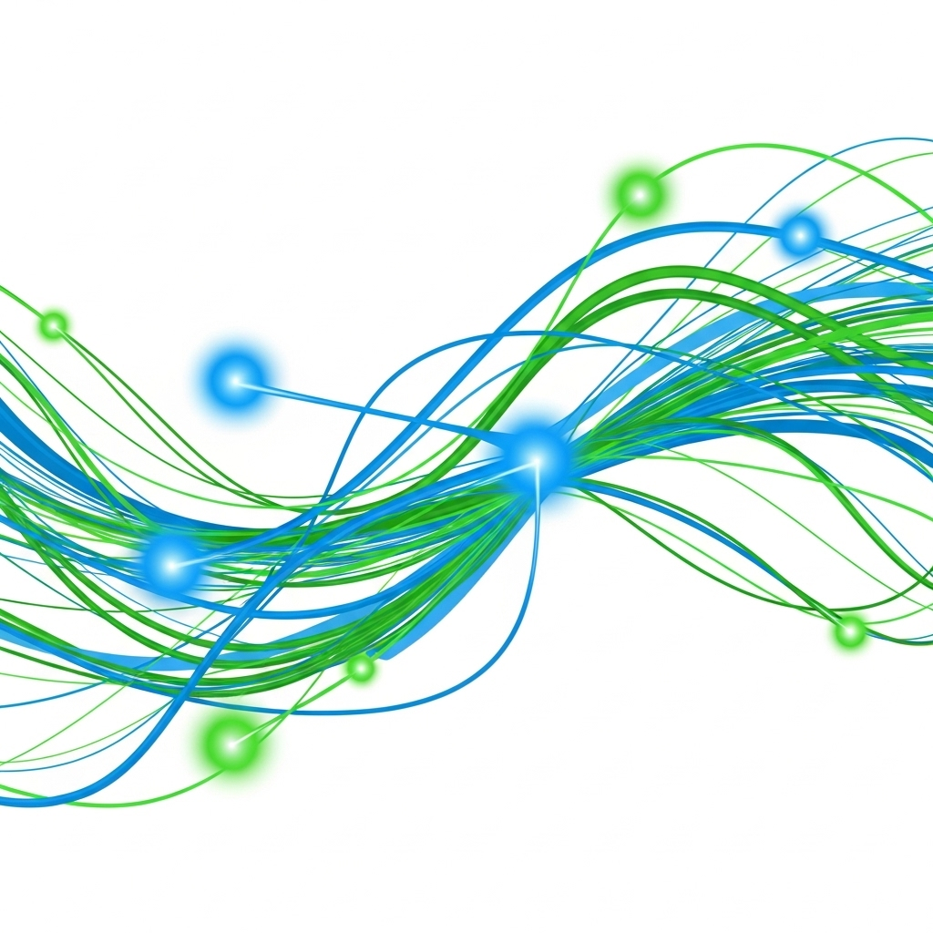 An abstract depiction of flowing lines and connected nodes, illustrating the concept of a knowledge network or a continuous loop of learning and teaching. The colors are vibrant blues and greens, suggesting progress and connectivity. No text in the image.
