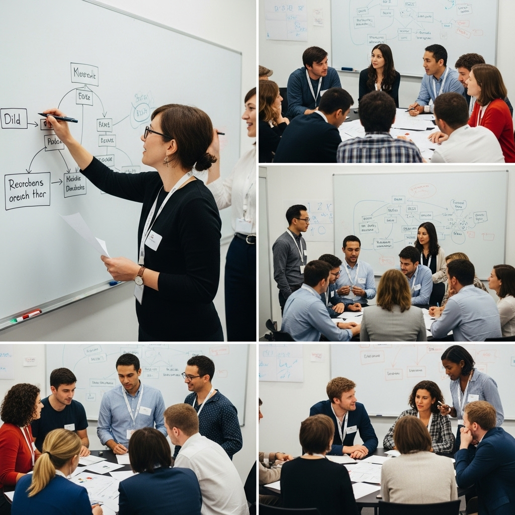 A diverse group of people of various ages and backgrounds engaged in a workshop setting, actively collaborating and sharing ideas. Some are writing on a whiteboard, others are discussing in small groups, all with expressions of concentration and positive interaction. The atmosphere is inclusive and dynamic. No text in the image.
