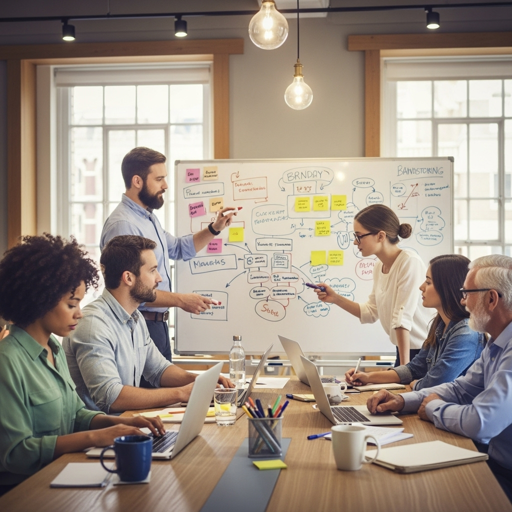 A group of individuals in a modern, brightly lit coworking space, engaged in a collaborative brainstorming session. They are diverse in age and ethnicity, using laptops and whiteboards. The overall mood is innovative and cooperative, highlighting professional mutual learning. No text in the image.