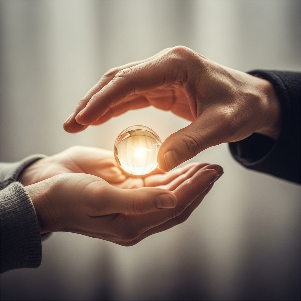 Two hands, one slightly older and one younger, gently passing a glowing orb that symbolizes knowledge and wisdom. The background is soft and blurred, focusing on the hands and the transfer of information. The image evokes a sense of shared learning and intergenerational connection. No text in the image.