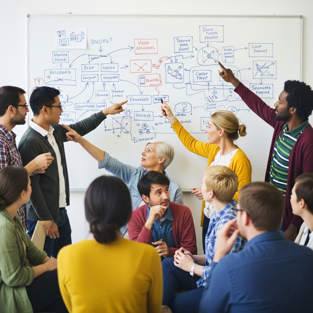 불치하문 - A diverse group of people of various ages and backgrounds, some pointing to a whiteboard with diagrams, others listening intently. The atmosphere is collaborative and curious, suggesting a learning environment. No text in the image.