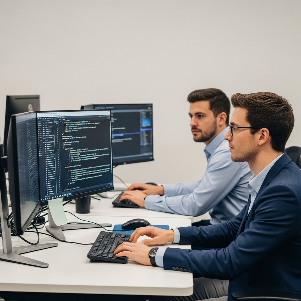 A person thoughtfully looking at a complex problem on a computer screen, then turning to a younger colleague for a discussion. Both have open, receptive expressions. The setting is a modern office.
