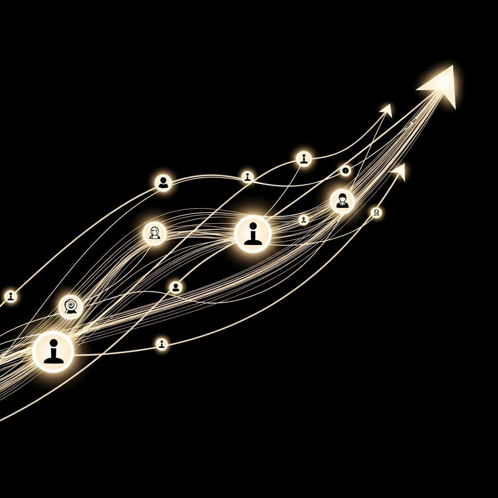 An abstract depiction of interconnected minds and flowing ideas, represented by glowing lines and nodes, suggesting collaboration and shared knowledge leading to growth. No text in the image.