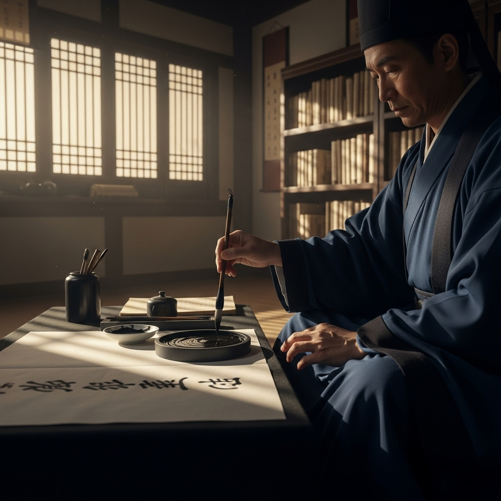 A beautifully designed traditional Korean ink painting showing a person wearing a scholar's robe, carefully handling black ink on a white paper. The background is subtle, suggesting an old library or study room, with warm, soft lighting. No text in the image.