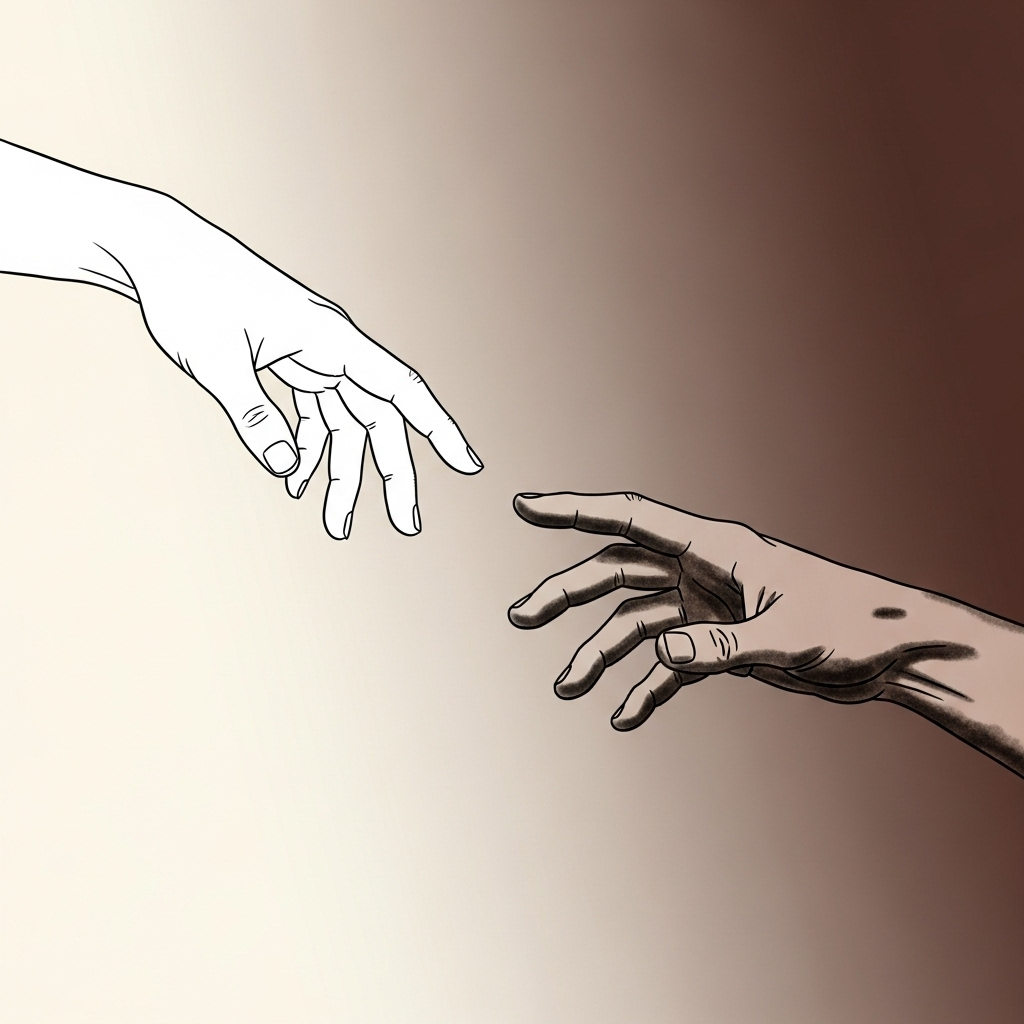 근묵자흑 - An abstract depiction of two hands, one pure white and the other slightly smudged with dark ink, reaching out towards each other. The background is a soft gradient from light to dark, symbolizing influence. No text.