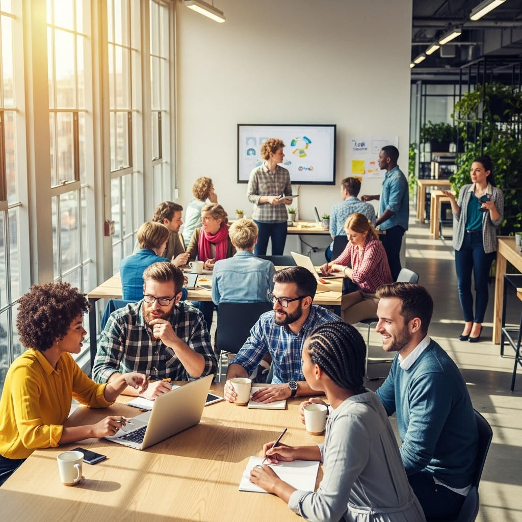 A diverse group of people interacting positively in a bright, modern co-working space, with a sense of collaboration and positive energy. Sunlight streams through large windows. No text.