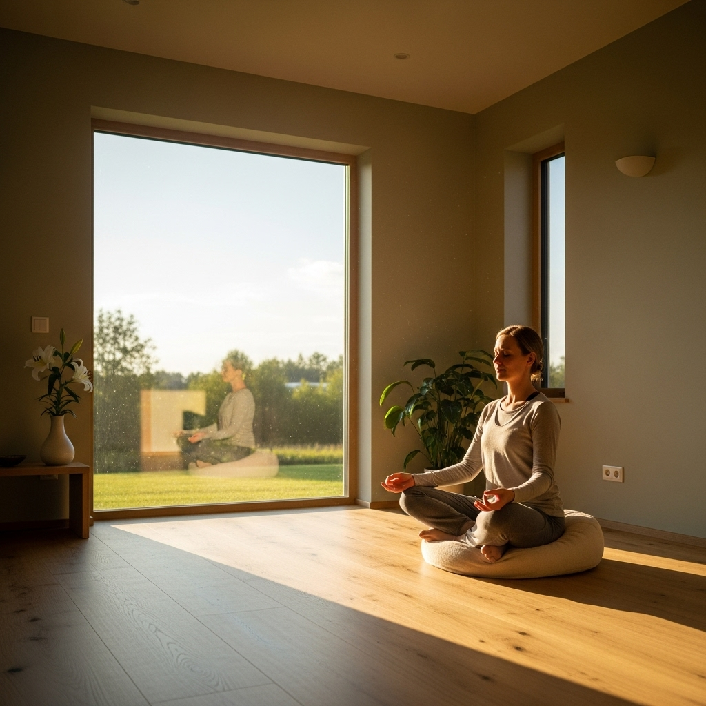 A person meditating in a serene, clean room with a large window overlooking a calm, green landscape. Soft, warm light fills the room, creating a peaceful atmosphere. No text.