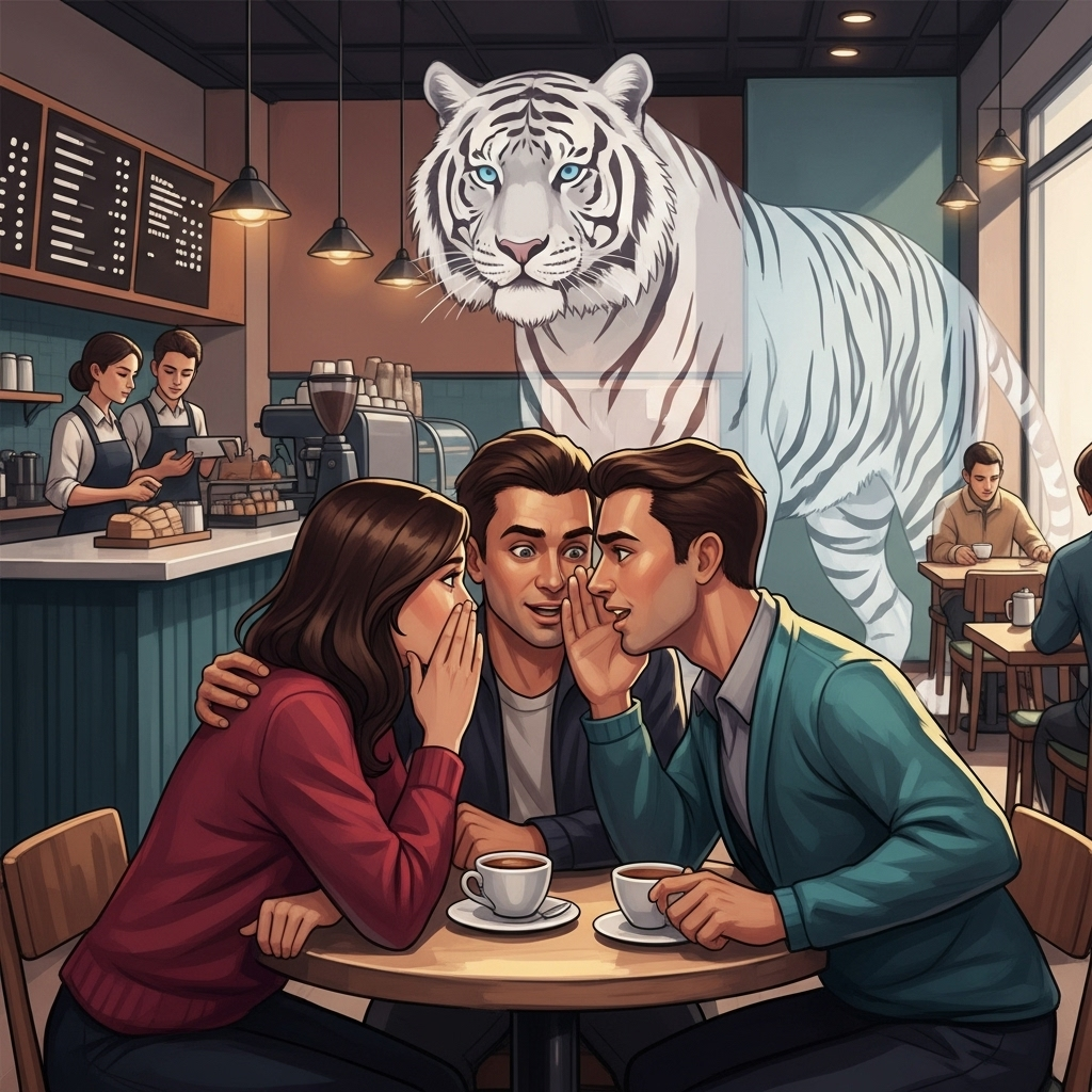 삼인성호 - A digital painting depicting three people gossiping in a modern cafe setting. In the background, a faint, translucent outline of a tiger is visible, symbolizing the rumor they are creating. The cafe is bustling, showing the flow of information. No text in image.