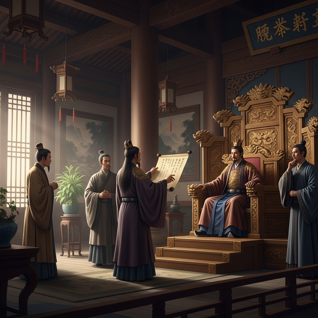 An ancient Chinese scene with a King sitting on his throne, looking thoughtful, while three advisors stand before him, one gesturing with a scroll. The atmosphere is solemn and wise. No text in image.