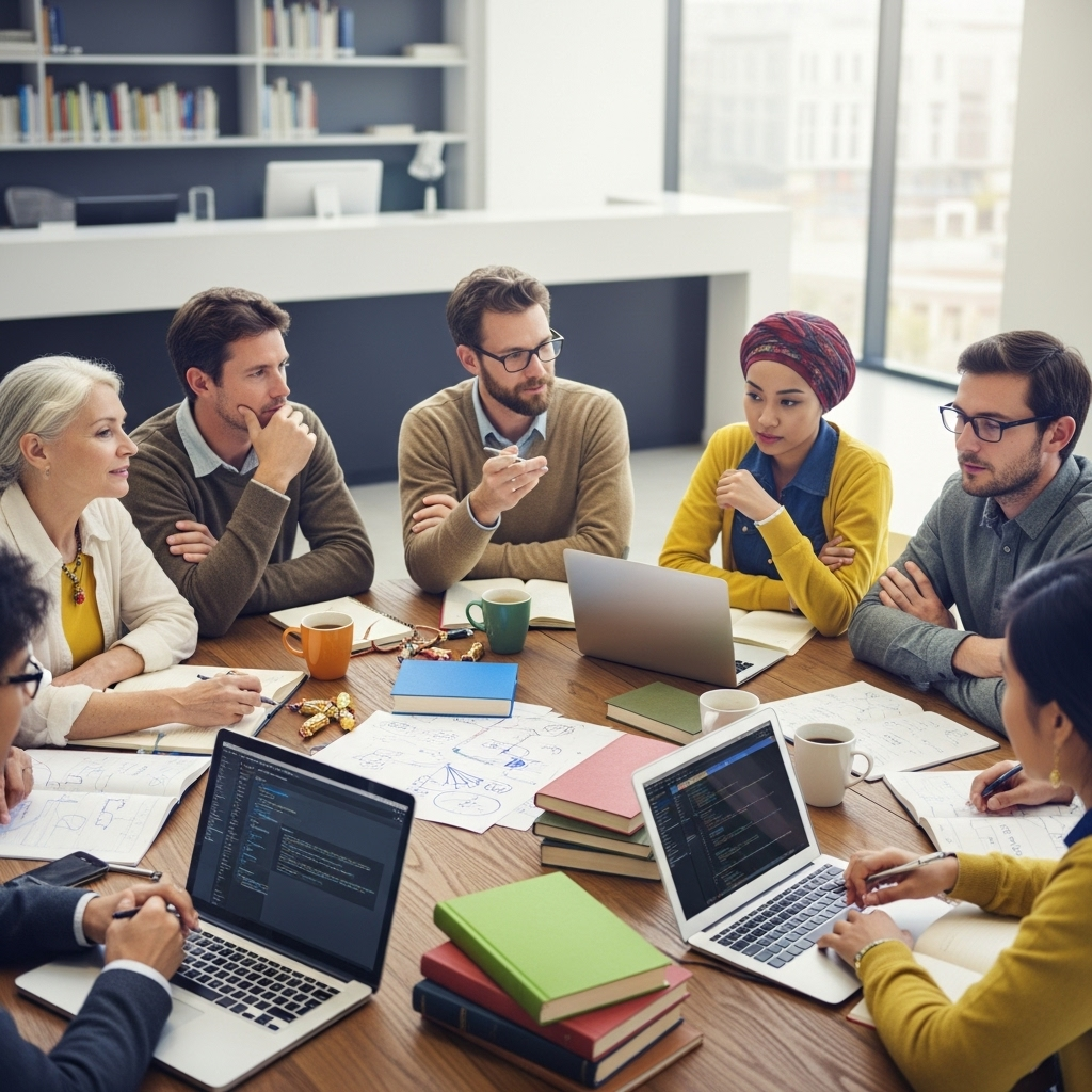 A diverse group of people engaged in thoughtful conversation around a large table, with laptops and books, symbolizing critical thinking and open dialogue in a modern library or collaborative workspace. No text in image.