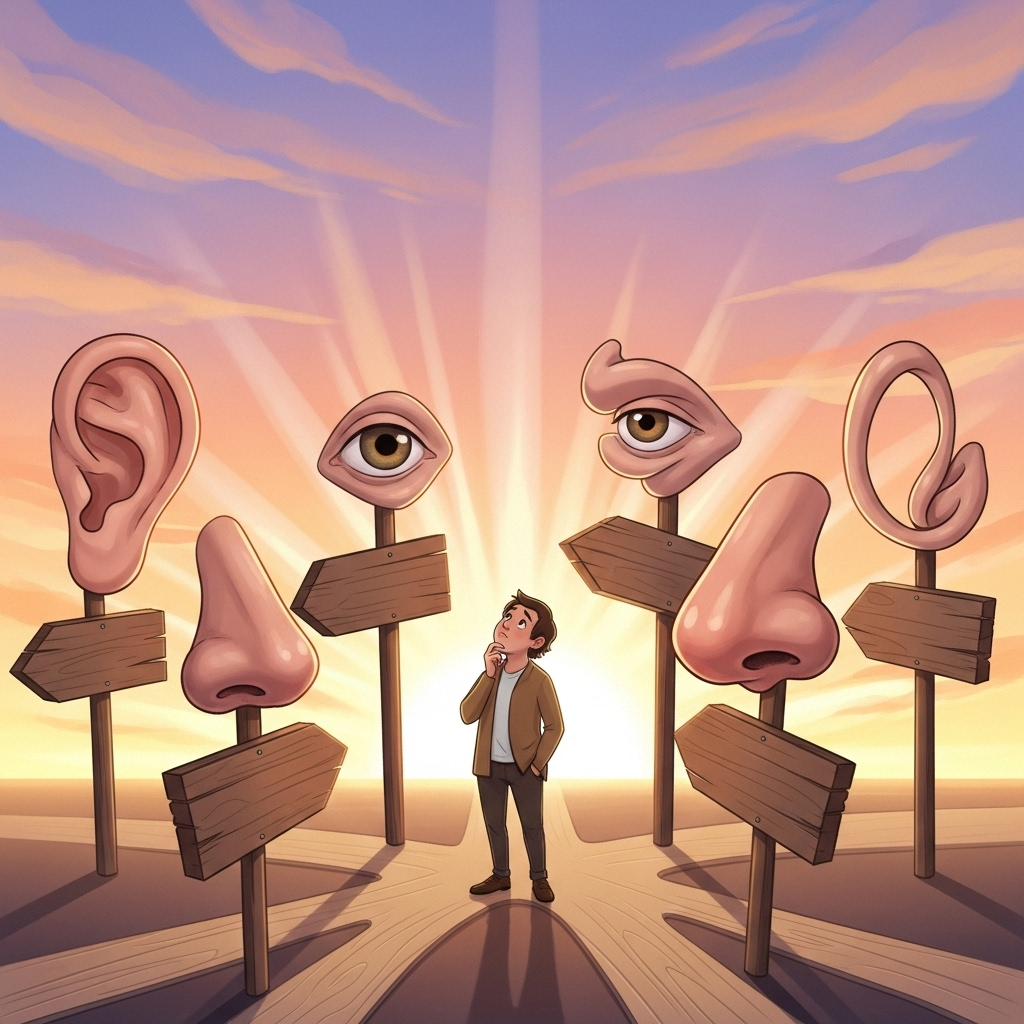 이현령비현령 - A person standing at a crossroads with multiple ambiguous signs pointing in different directions, some signs are shaped like ears and noses, representing the idiom. The sky is a gradient of sunrise colors. Style is illustrative and slightly whimsical, no text on signs.