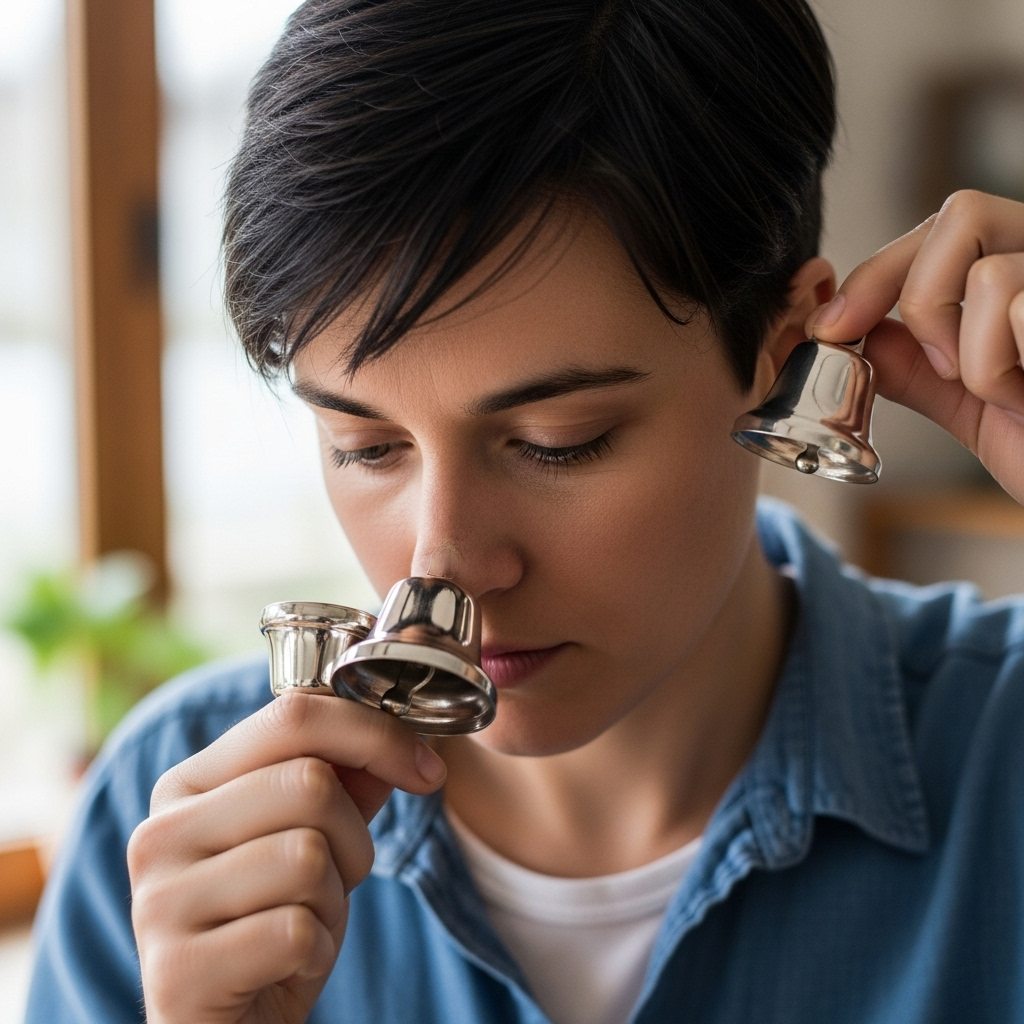 A person holding up a small bell, looking at it with a thoughtful expression. One bell is near their ear, another near their nose. The background is a soft, blurred office or home setting, conveying a sense of everyday thought. Realistic, gentle lighting, no text.