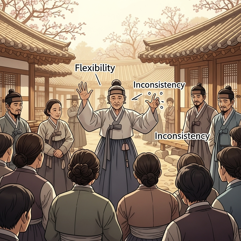 An old Korean village scene with people in traditional clothing (hanbok) gathered, listening to a storyteller. The storyteller gestures expressively, illustrating a point about flexibility versus inconsistency. Warm, slightly antique artistic style, no text.