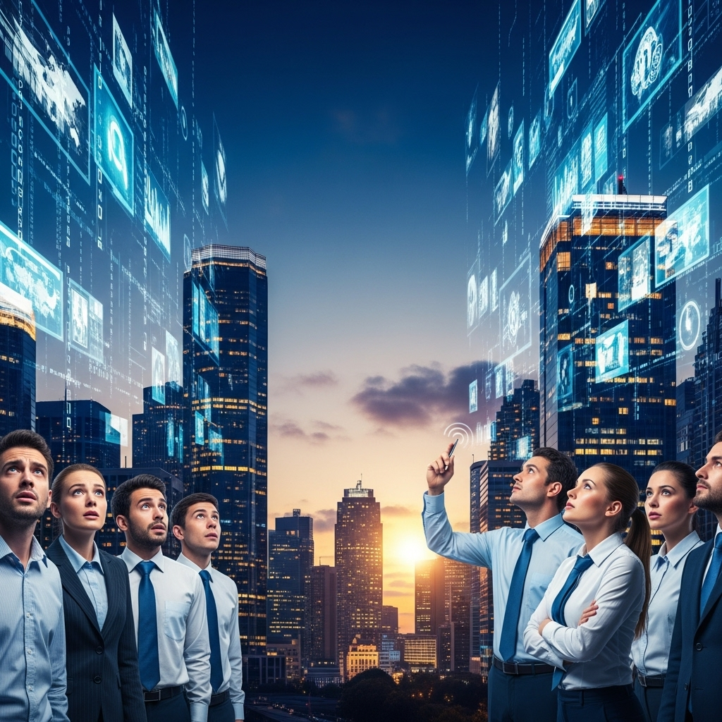 A modern city skyline at dusk, with digital overlays of conflicting news headlines and opinions swirling around. One side of the image shows people with confused expressions, the other side shows people with determined, critical thinking expressions. Futuristic but grounded, no visible text.