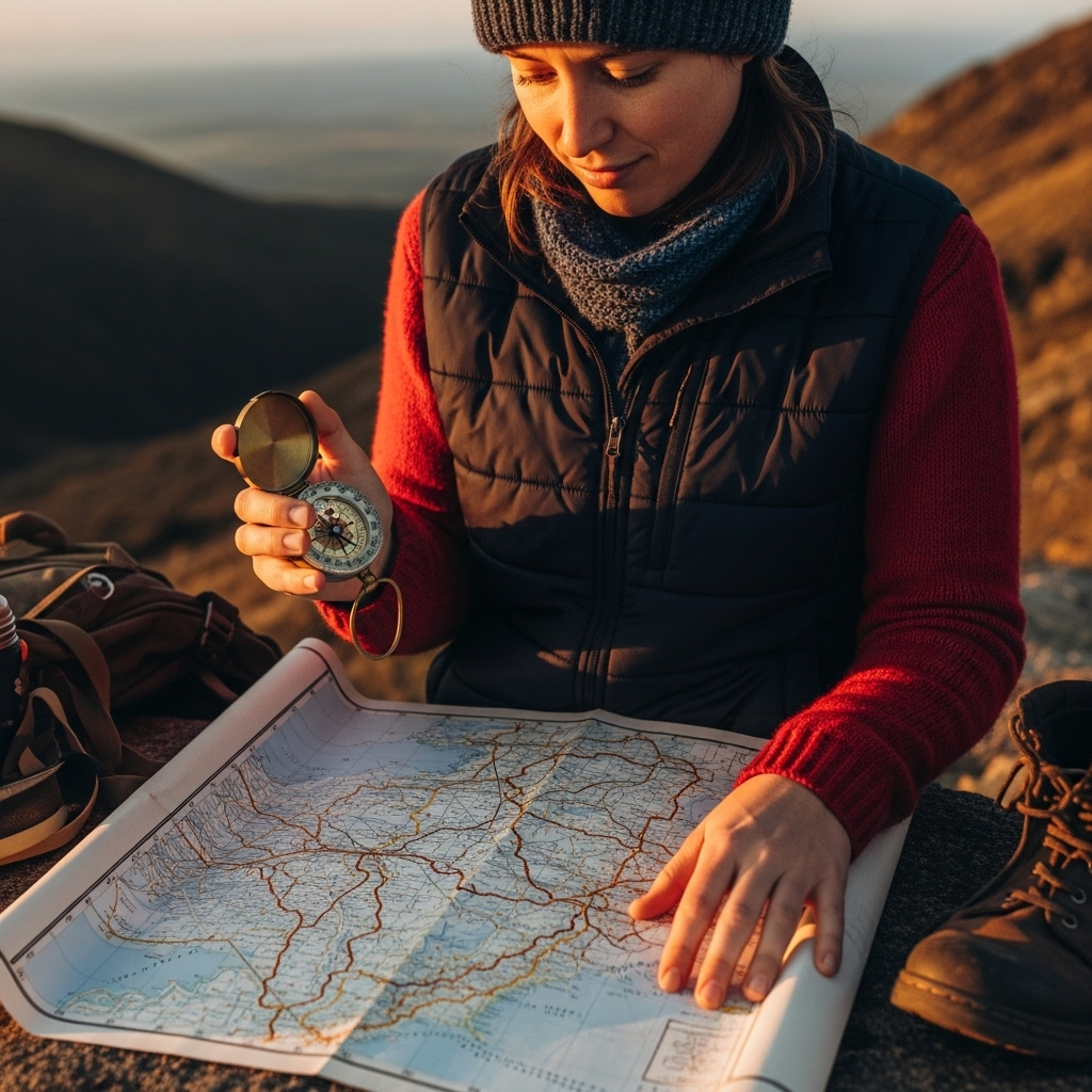 A person holding a compass, looking at a map with a serene and focused expression. The map shows winding paths but the compass needle points steadily forward. Surrounding elements suggest a journey of discovery and clear decision-making. Natural, warm light, no text.