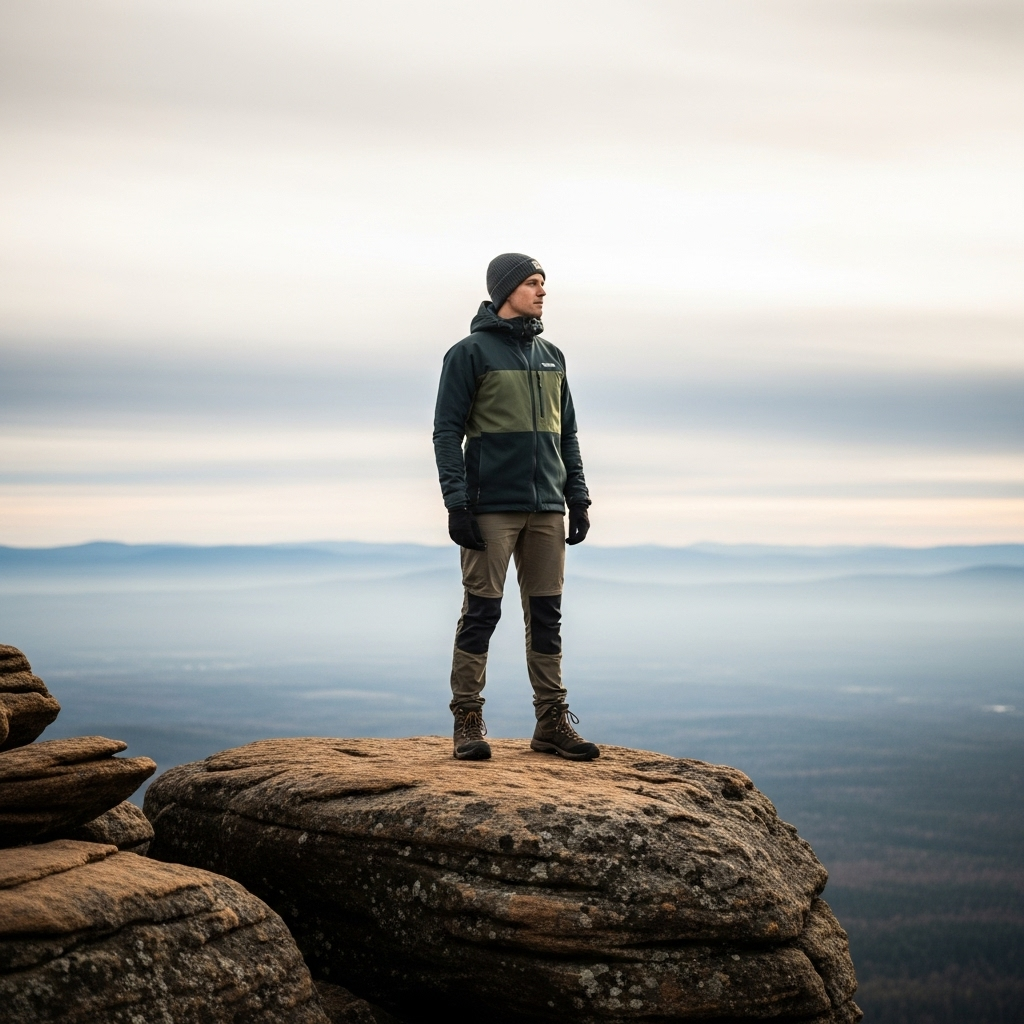 A person standing firmly on a solid, rocky outcrop, looking out at a vast, slightly misty landscape. The person projects an aura of stability and inner strength. The colors are muted but strong, symbolizing resilience. No text.