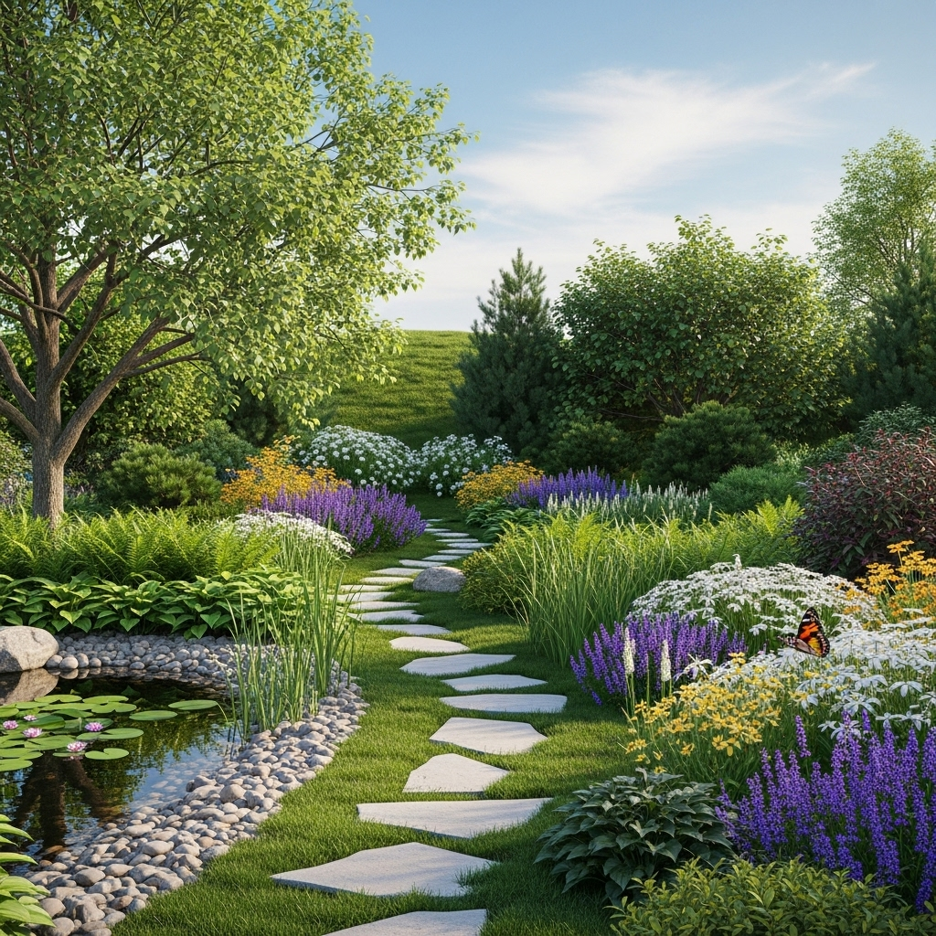 A serene, balanced garden scene with a winding path in the middle, surrounded by elements of nature in harmony. No text.