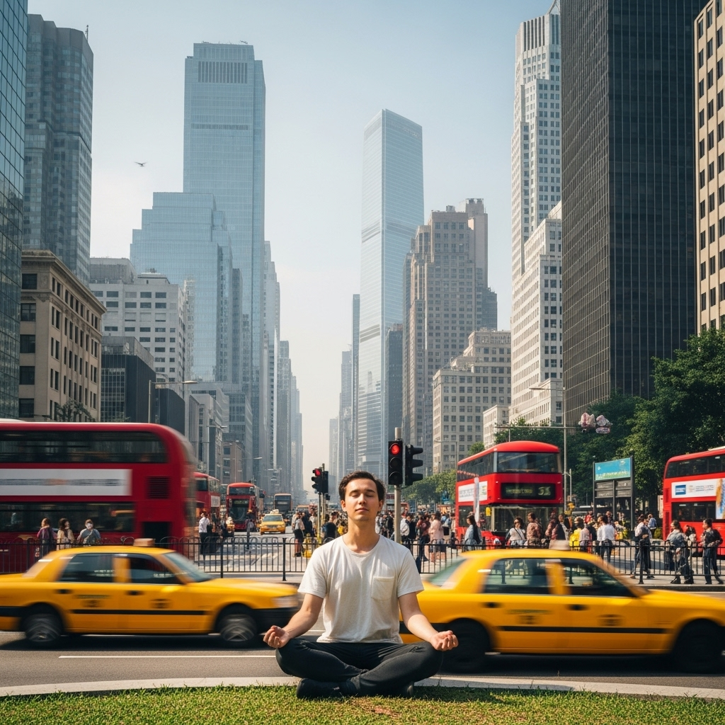 중용지도 - A person meditating calmly in a busy, modern city environment, representing finding inner peace amidst chaos. No text.