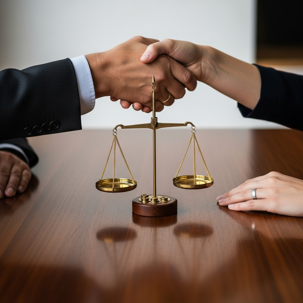 Two people shaking hands over a table where a scale is perfectly balanced, symbolizing agreement and harmony in relationships. No text.