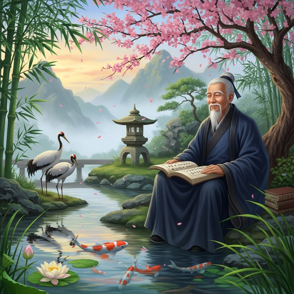 군자삼락 - A serene, wise-looking old scholar in traditional East Asian attire, sitting peacefully under an ancient tree, with a gentle smile on his face, surrounded by a subtle aura of wisdom. The background shows a calm traditional garden with a small pond and bamboo. No text in the image.