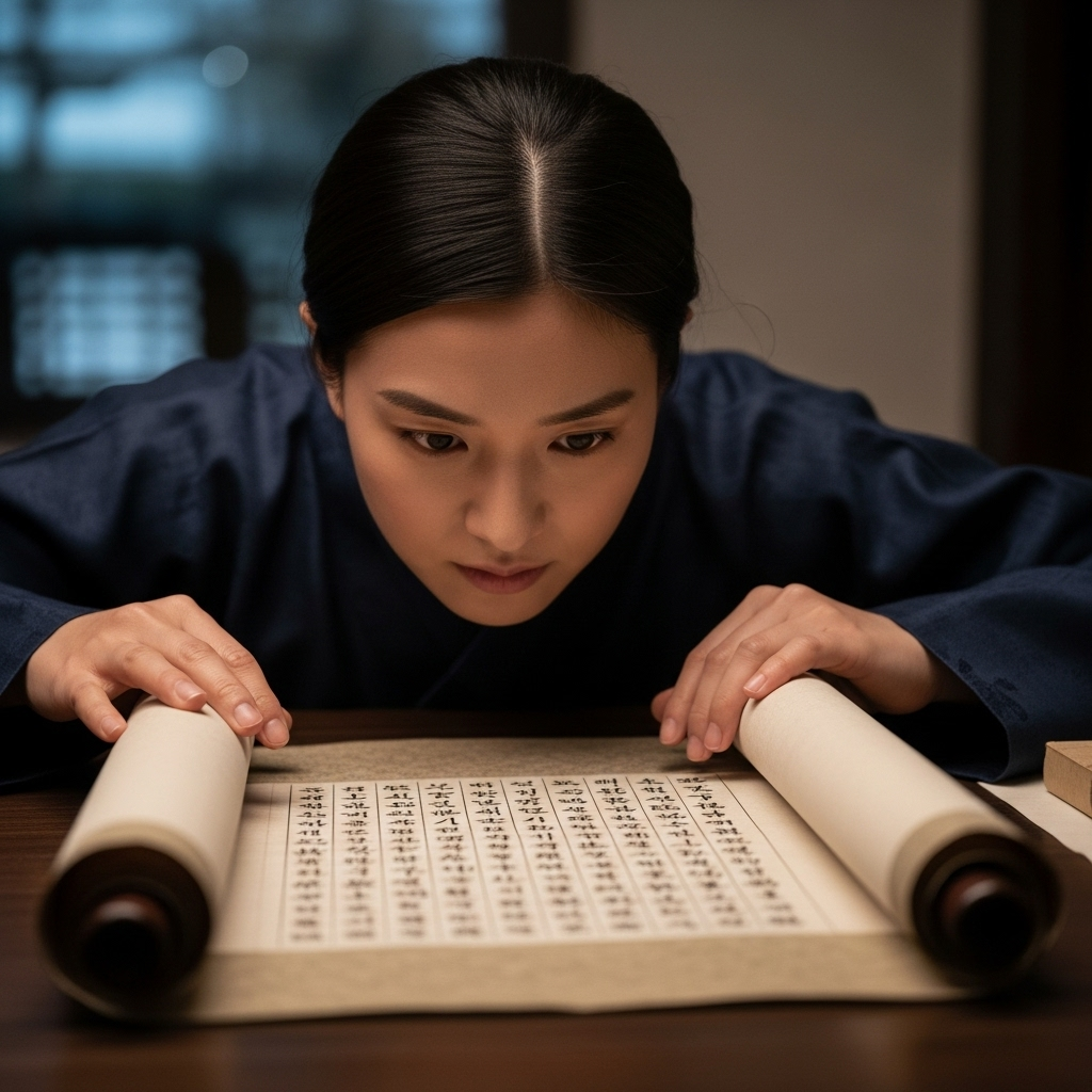 A person looking thoughtfully at a blurry ancient scroll with Korean characters, surrounded by soft, warm light, conveying a sense of introspection and discovery.