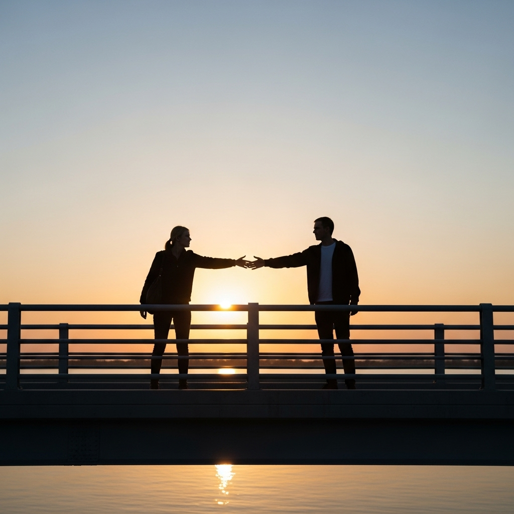 불욕다치 - Two silhouetted figures on a bridge, one extending a hand to the other, symbolizing empathy and mutual understanding at dusk.