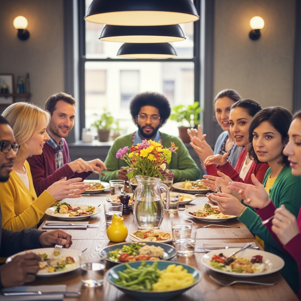 A diverse group of people from different backgrounds sharing a table, engaged in respectful conversation and listening to each other, with warm lighting.