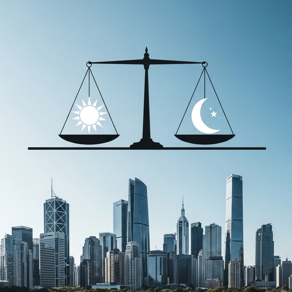 A balanced scale with the sun shining brightly on one side and a crescent moon on the other, symbolizing fairness and justice. The background is a modern cityscape, representing the contemporary relevance. Clean lines, no text.