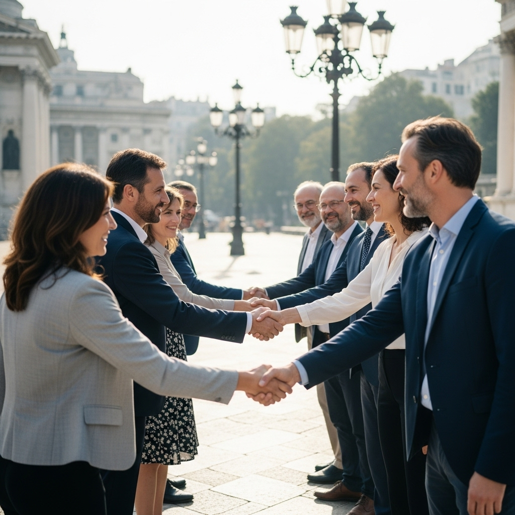 공명정대 - A group of diverse people shaking hands in a bright, open public square, depicting trust and impartiality. Soft, natural lighting. No text.