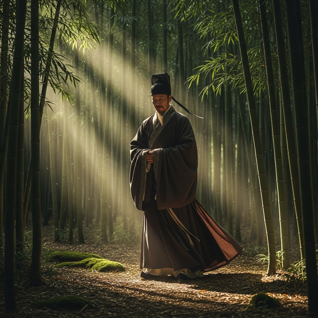 An ancient Chinese scholar in traditional attire, standing with a dignified posture in a bamboo forest, contemplating. Sunbeams filtering through the bamboo leaves. No text.