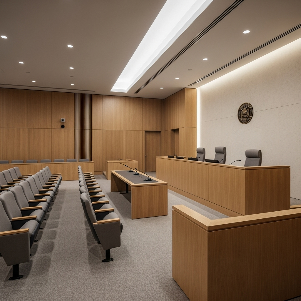 A modern courthouse interior with soft, diffused light, featuring a judge's bench and empty jury seats, emphasizing the concept of unbiased justice. No people, just the architectural space. No text.