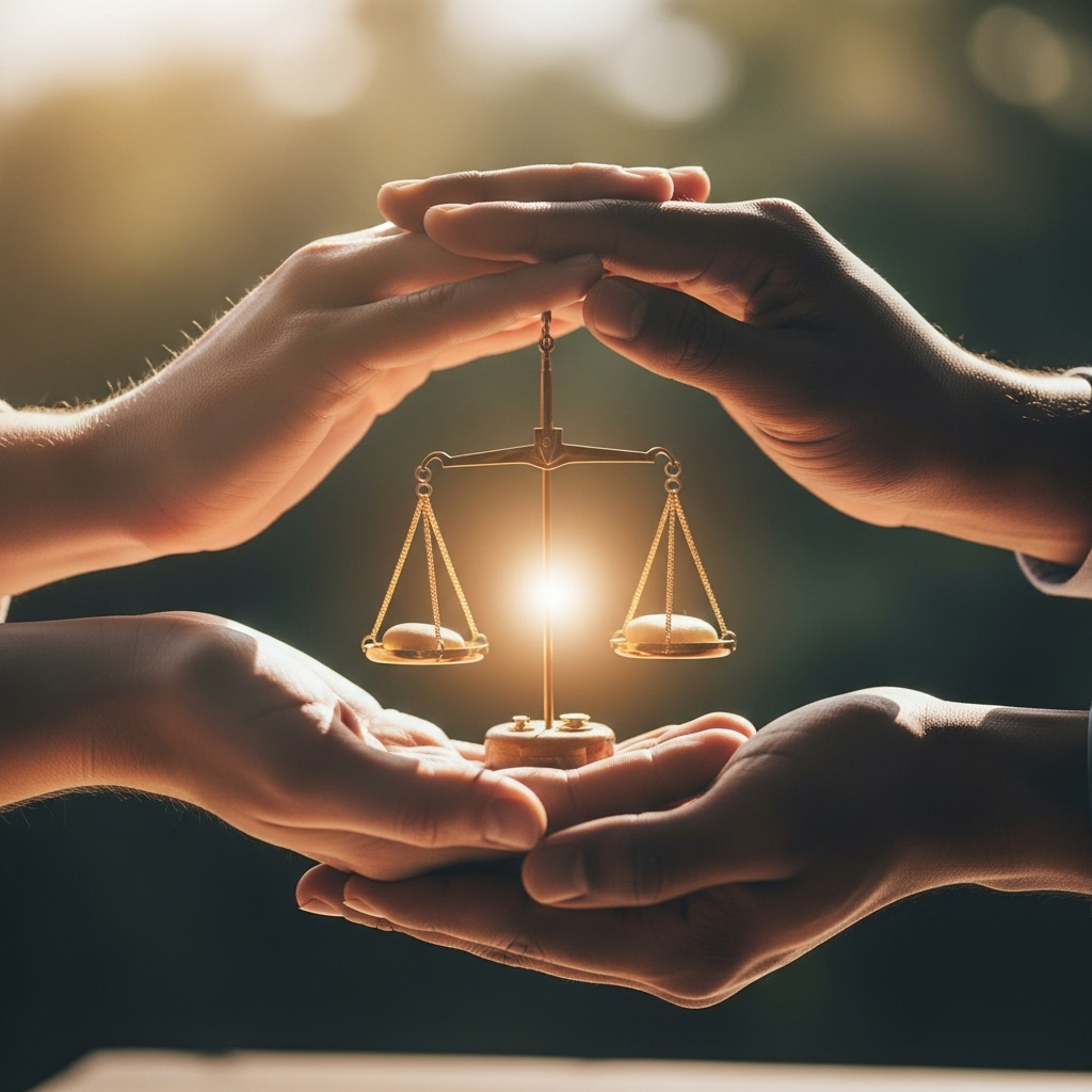 Two hands, one light-skinned and one dark-skinned, gently balancing a small, delicate object in the center, symbolizing fairness and shared responsibility in daily life. Soft, warm lighting. No text.