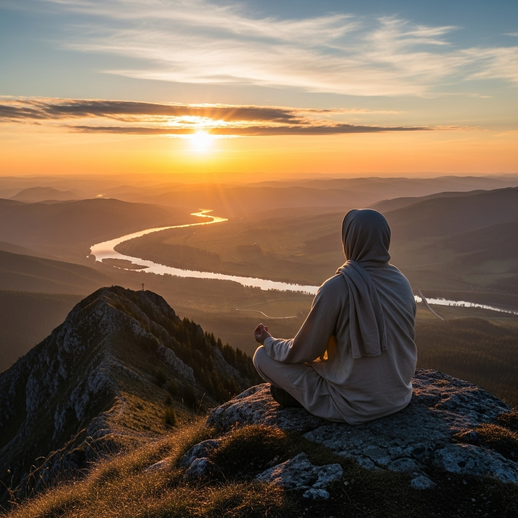 A serene person meditating on a mountaintop, overlooking a clear, expansive landscape, representing introspection and the clarity gained from practicing fairness. Peaceful atmosphere, sunrise or sunset. No text.