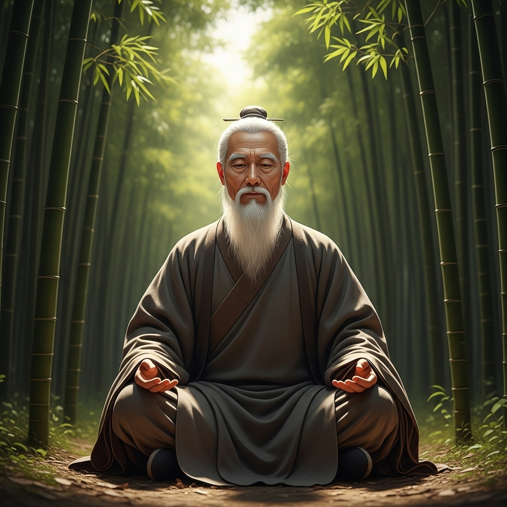 An ancient sage in traditional East Asian robes is meditating peacefully amidst a serene bamboo forest, with a gentle sunbeam illuminating him. The image should convey a sense of wisdom, tranquility, and self-cultivation. No text in the image.