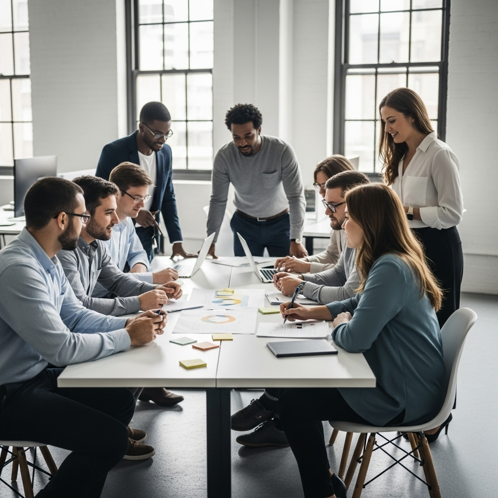 수기치인 - A diverse group of people collaborating harmoniously in a bright, modern office setting. They are engaged in discussion, brainstorming, and supporting each other, symbolizing effective leadership and positive societal impact. No text in the image.