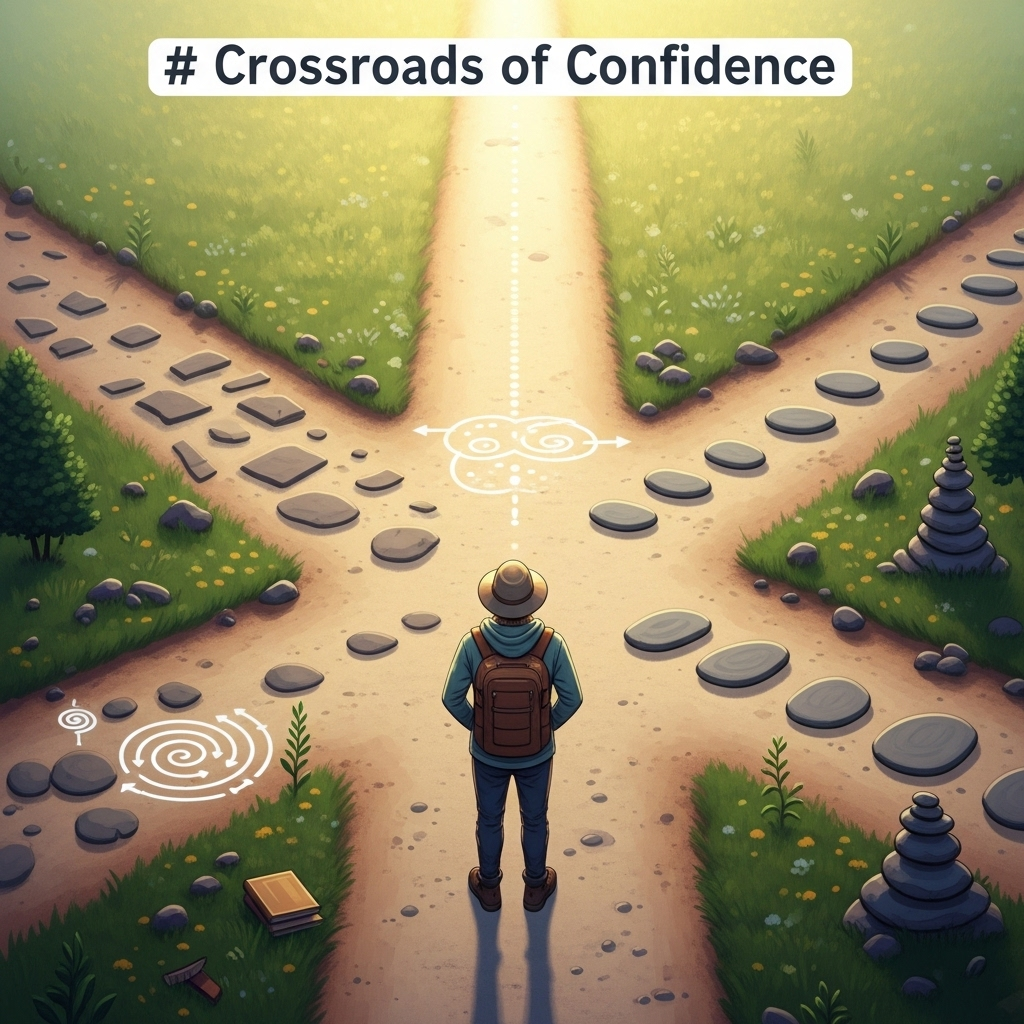 A person is standing at the crossroads of a path, looking confidently towards a bright, open horizon. The path behind them shows signs of continuous effort and growth, symbolizing a journey of self-cultivation leading to a positive future. No text in the image.
